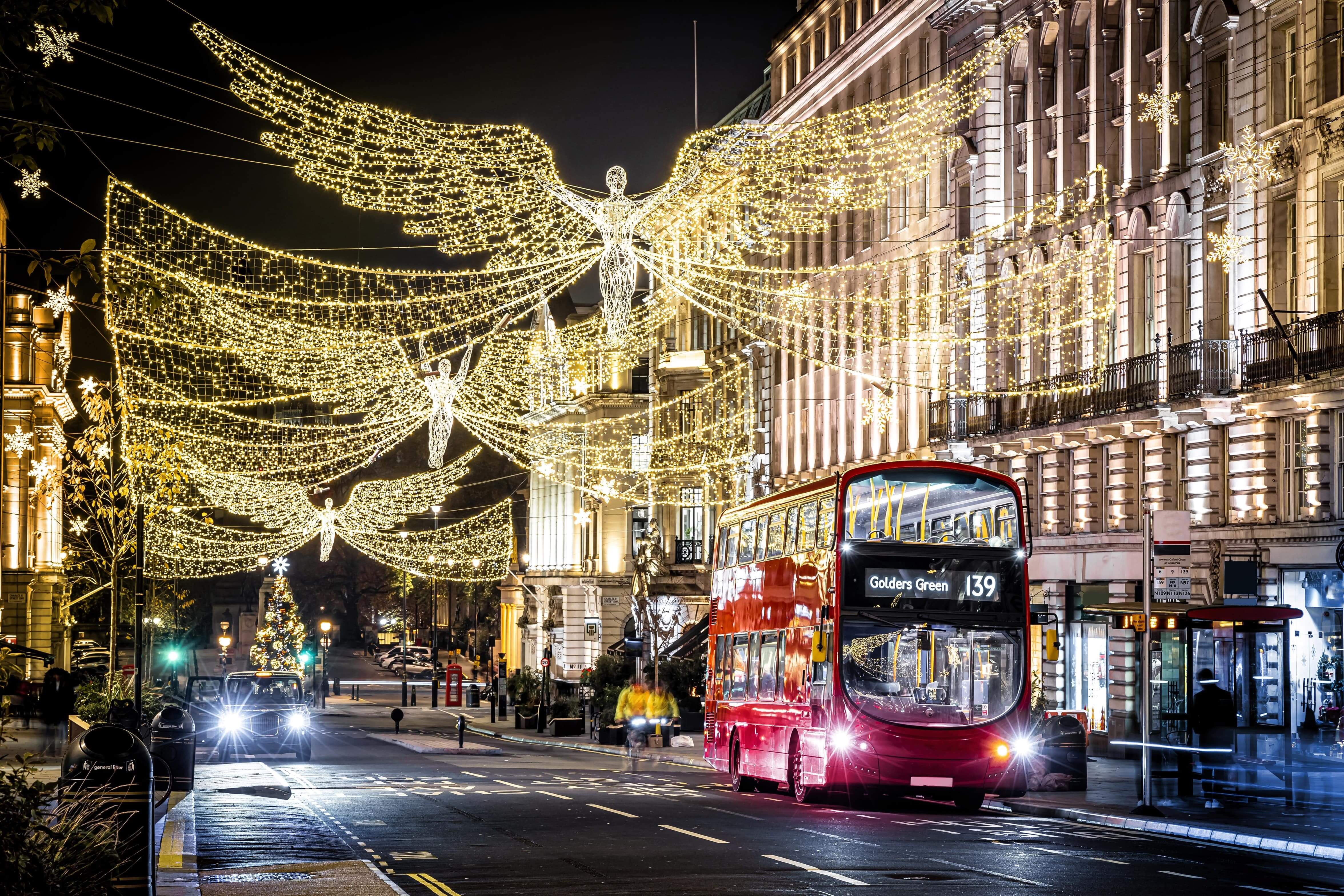 The Christmas view of Picadilly circus and its surroundings in London, UK